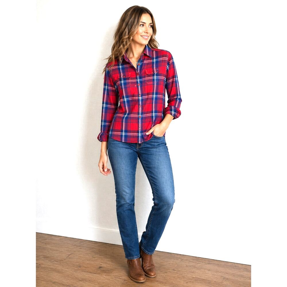 KÜHL Plaid Button Up Shirt Medium Red Blue Double Layer Snap Cuff Outdoor